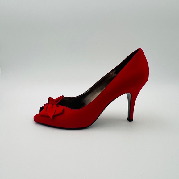 Nina Red Peep-Toe Heels with Bow - Picture 1 of 6